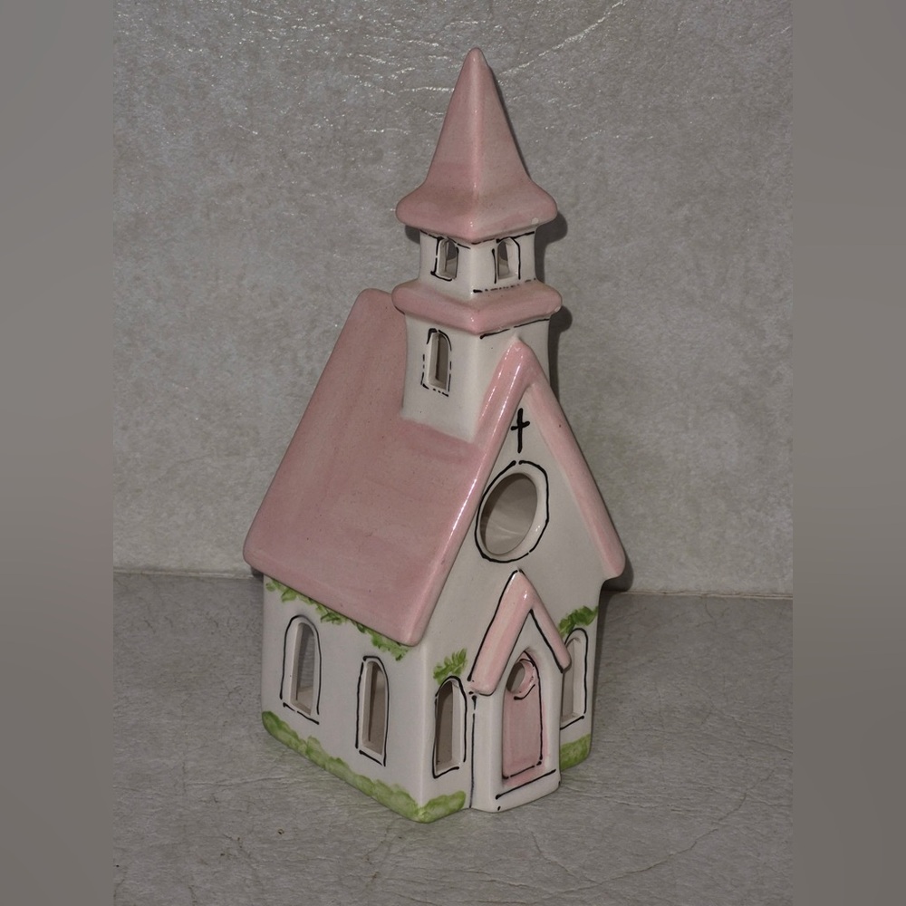 Charming Pink and White Ceramic Church Figurine